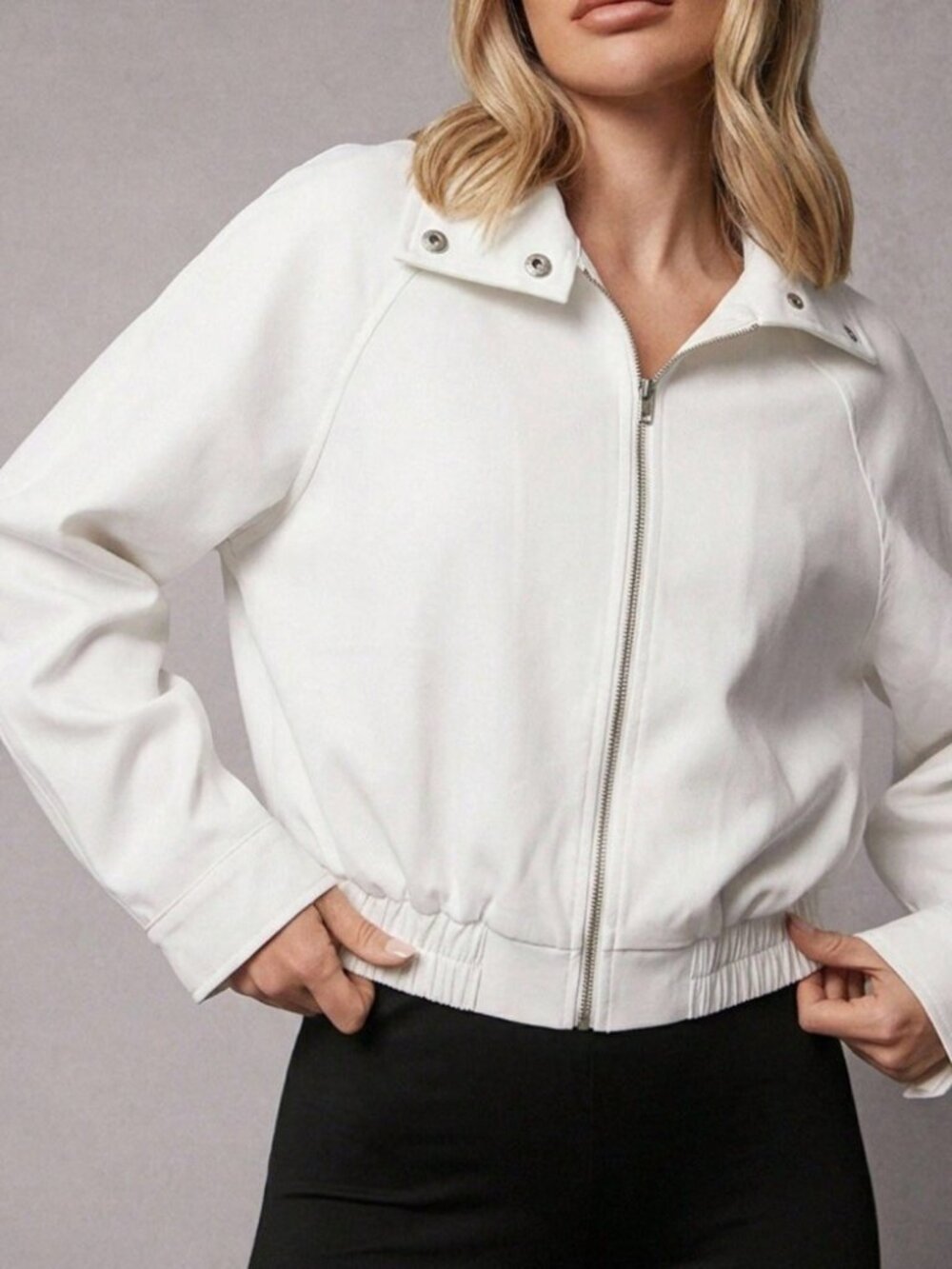 Ivory Snap Collar Zip-Up Cropped Bomber Jacket